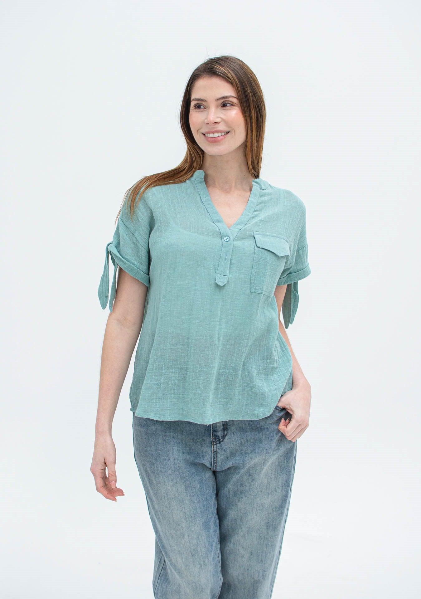 Blusa con Manga Anudada y Bolsillo