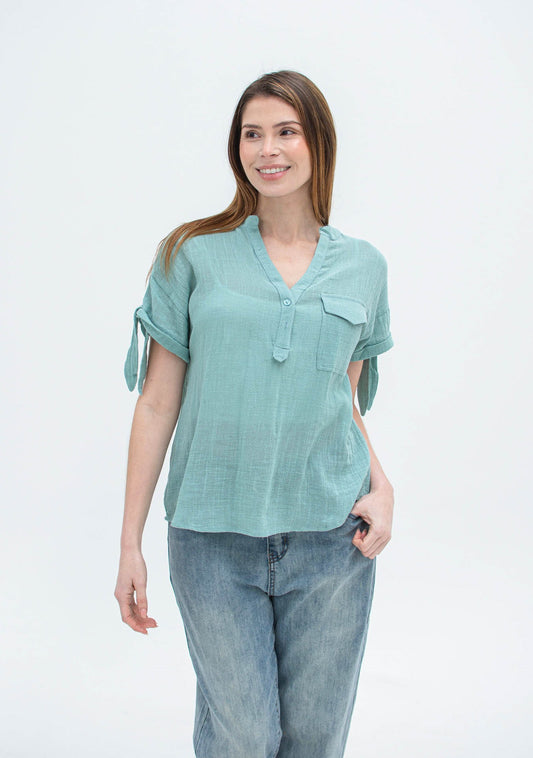 Blusa con Manga Anudada y Bolsillo