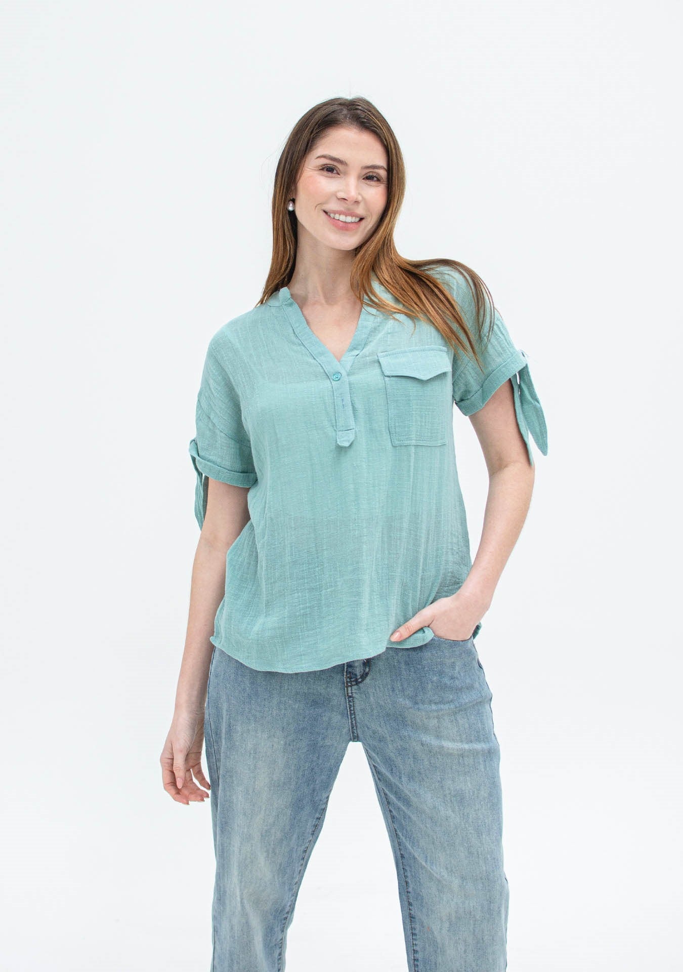 Blusa con Manga Anudada y Bolsillo